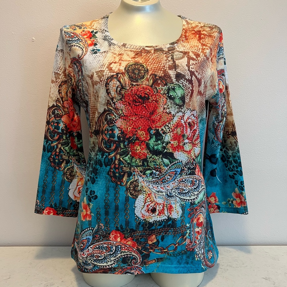 Pierre Colorful Rose Paisley Shirt Rhinestone Accents